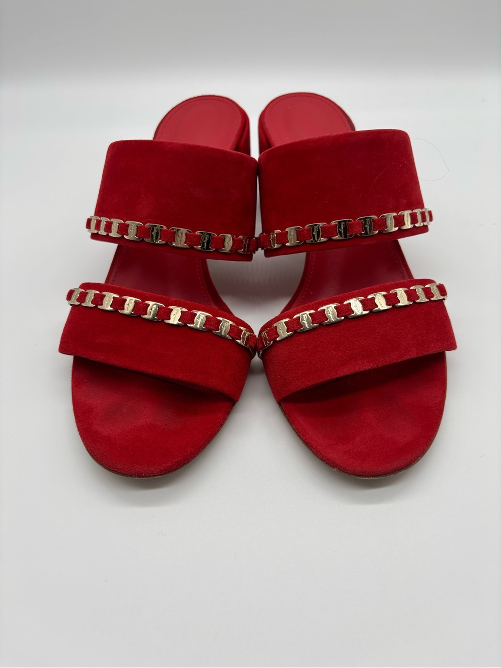 Salvatore Ferragamo Red Suede Slide Sandals with Gold Chain Trim